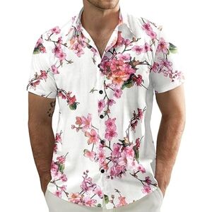 Jogal Men's Cotton Floral White and Pink Shirt S